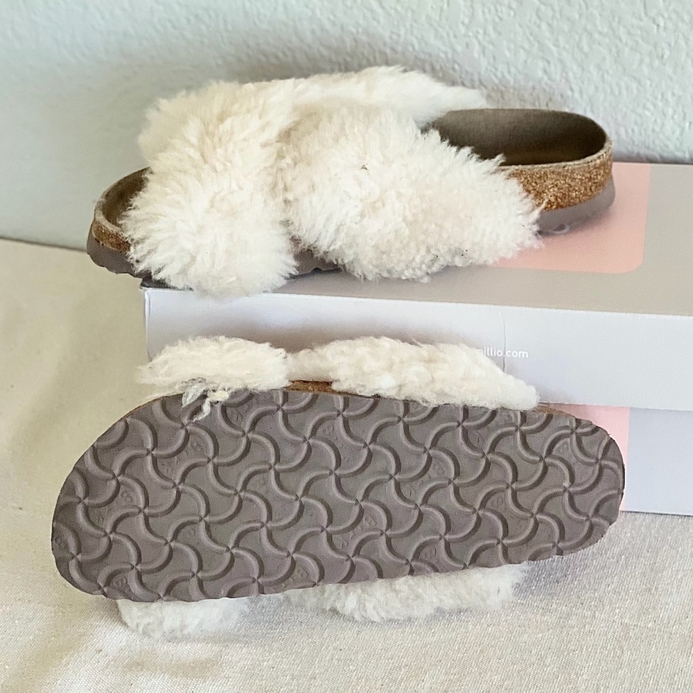 Papillio Cream Shearling Crossover Slide Sandals - Picture 11 of 16